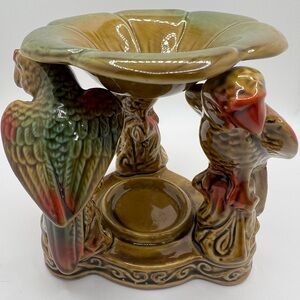 Vintage Candle Warmer Ceramic Parrot Sculpture in Green and Brown.